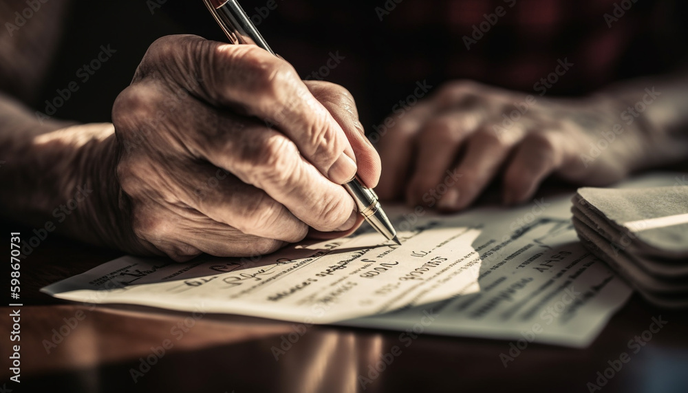 Senior businessman holding pen, reading retirement document generated by AI