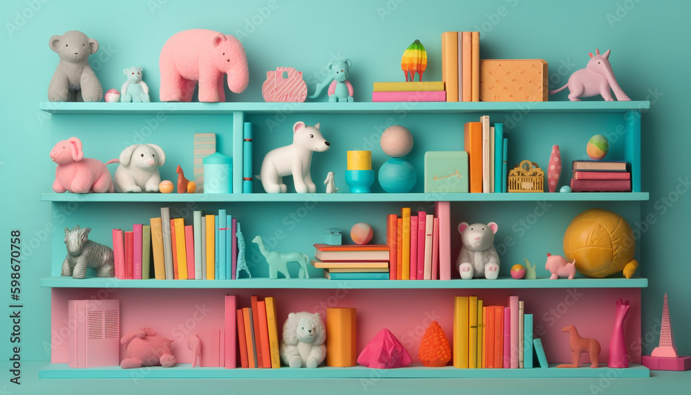 A cute child toy collection on bookshelf generated by AI