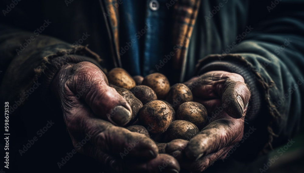 Dirty farmer holding organic food in autumn forest generated by AI