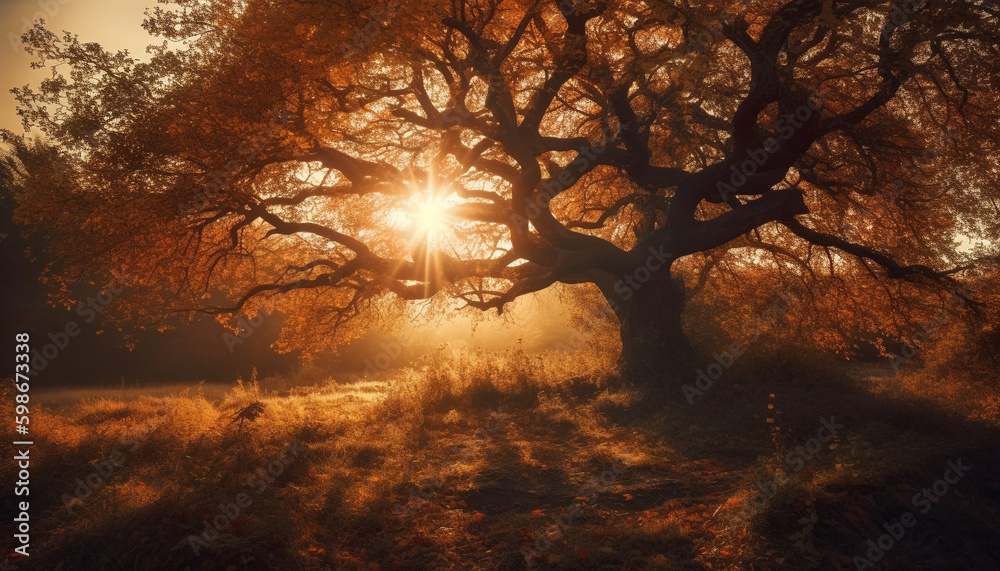 Autumn forest glows in bright sunlight colors generated by AI