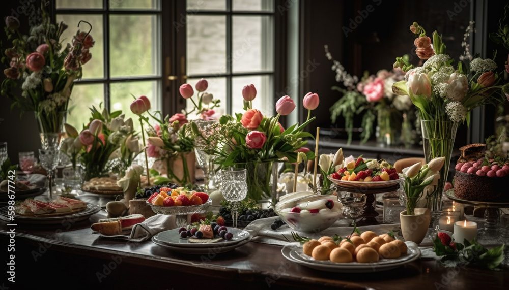 Fresh flower bouquet decorates table for gourmet meal generated by AI