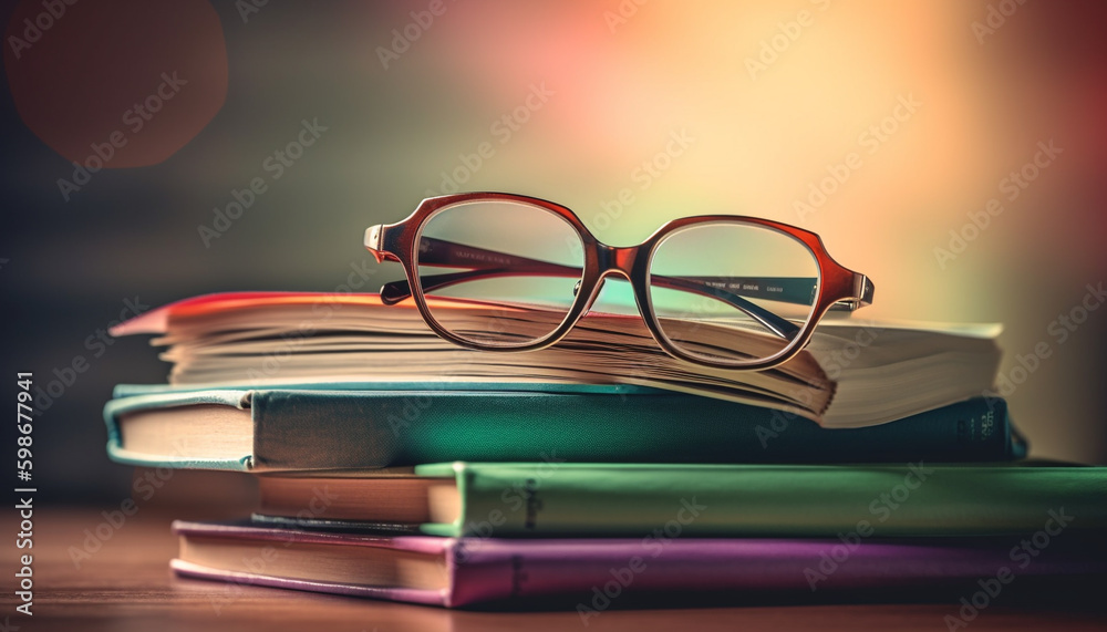 Stack of textbooks on library table for studying generated by AI