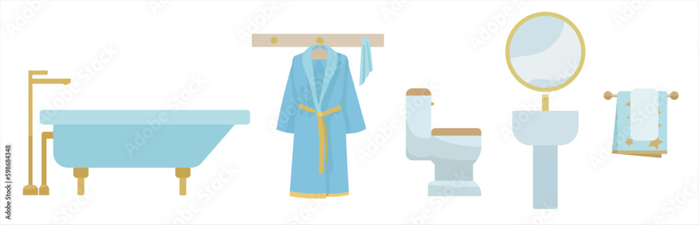 Set of sanitarywear with bathrobe and bathing towel on white background