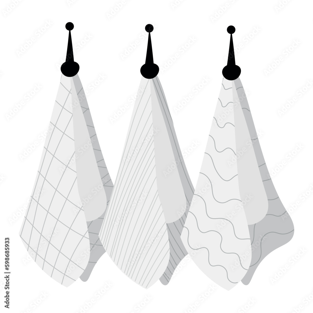 Set of hanging kitchen towels on white background