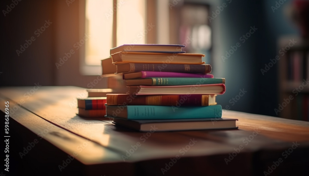 Stacks of old textbooks on wooden shelves generated by AI