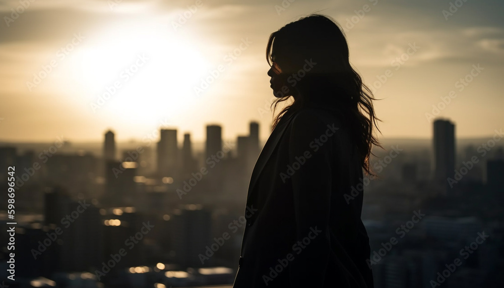 Young woman standing backlit, looking at cityscape generated by AI