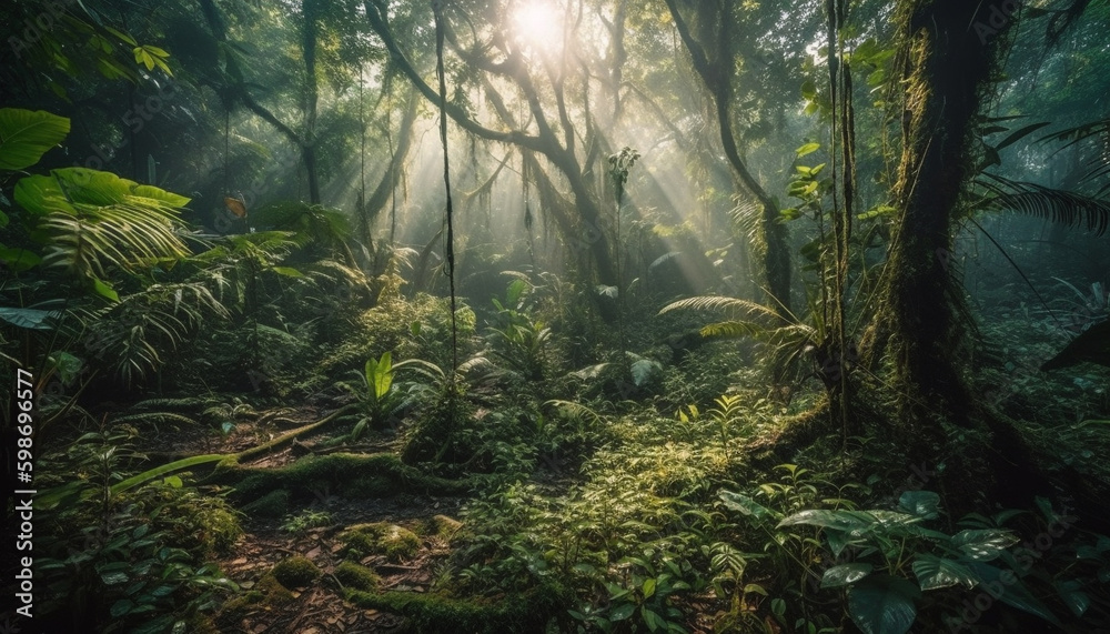 Tranquil scene of wet tropical rainforest growth generated by AI