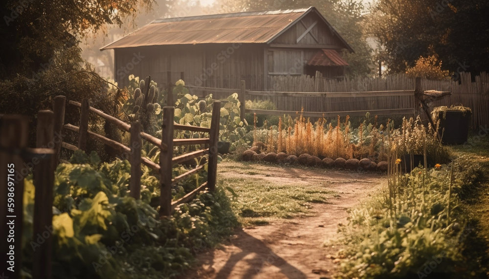 Rural scene old barn, green meadow, autumn leaves generated by AI