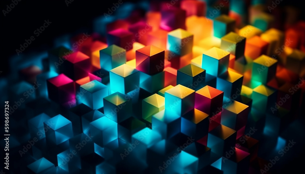 Brightly lit geometric shapes exploding with vibrant colors generated by AI