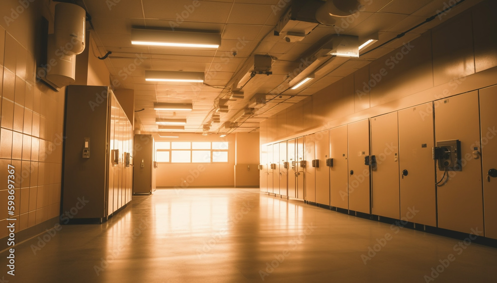 Bright locker room with metal gym equipment generated by AI