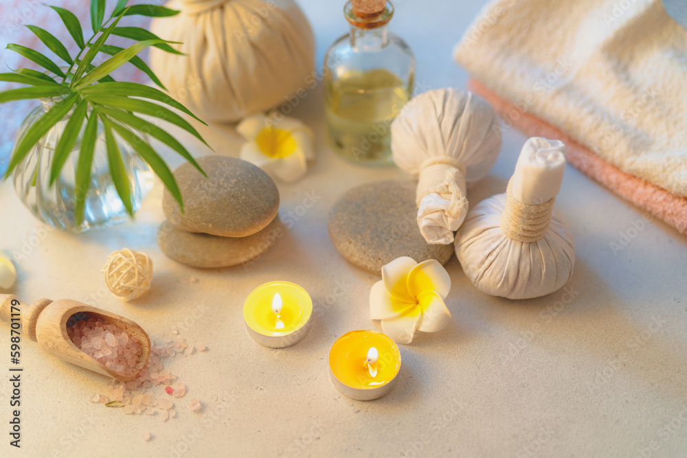 Natural organic spa products in massage parlor. Atmosphere of relax, detention, zen. Aromatherapy. B