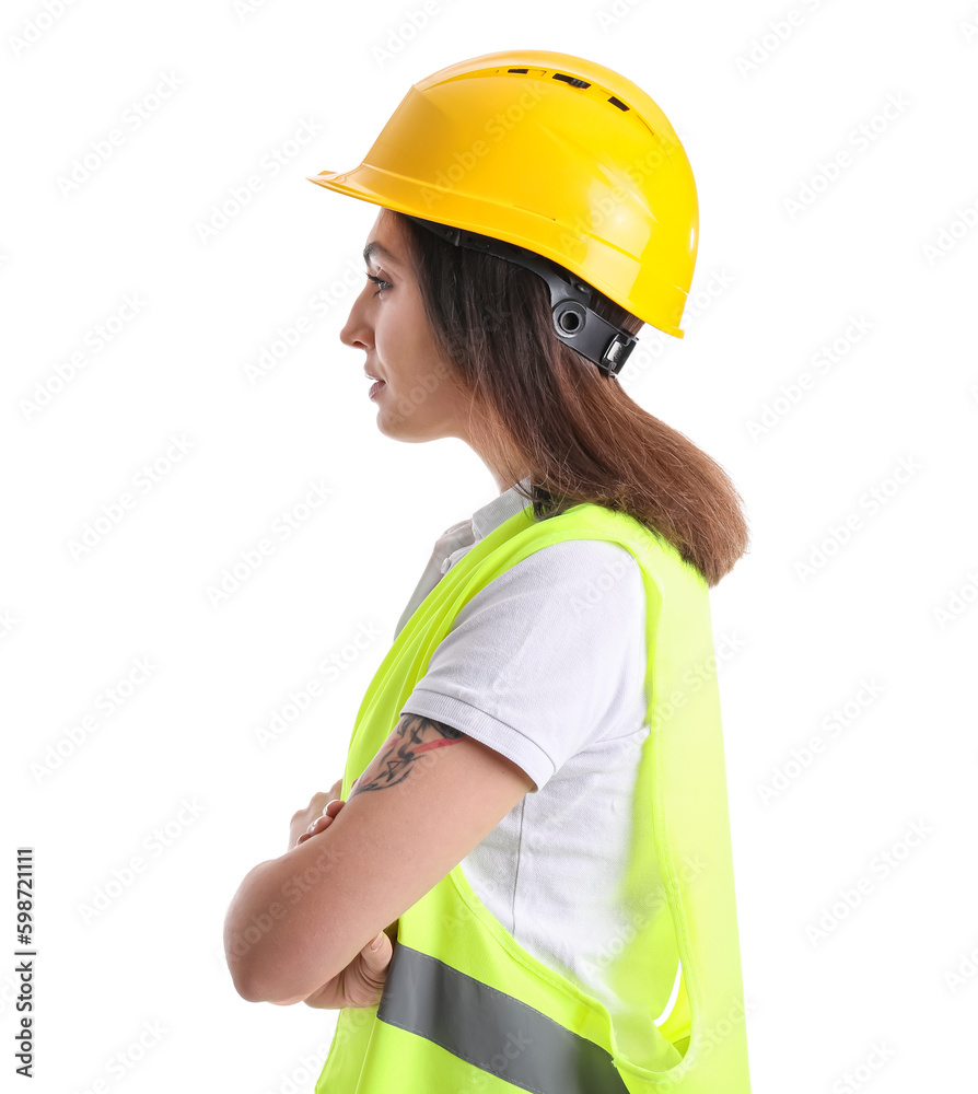 Female worker in vest and hardhat on white background