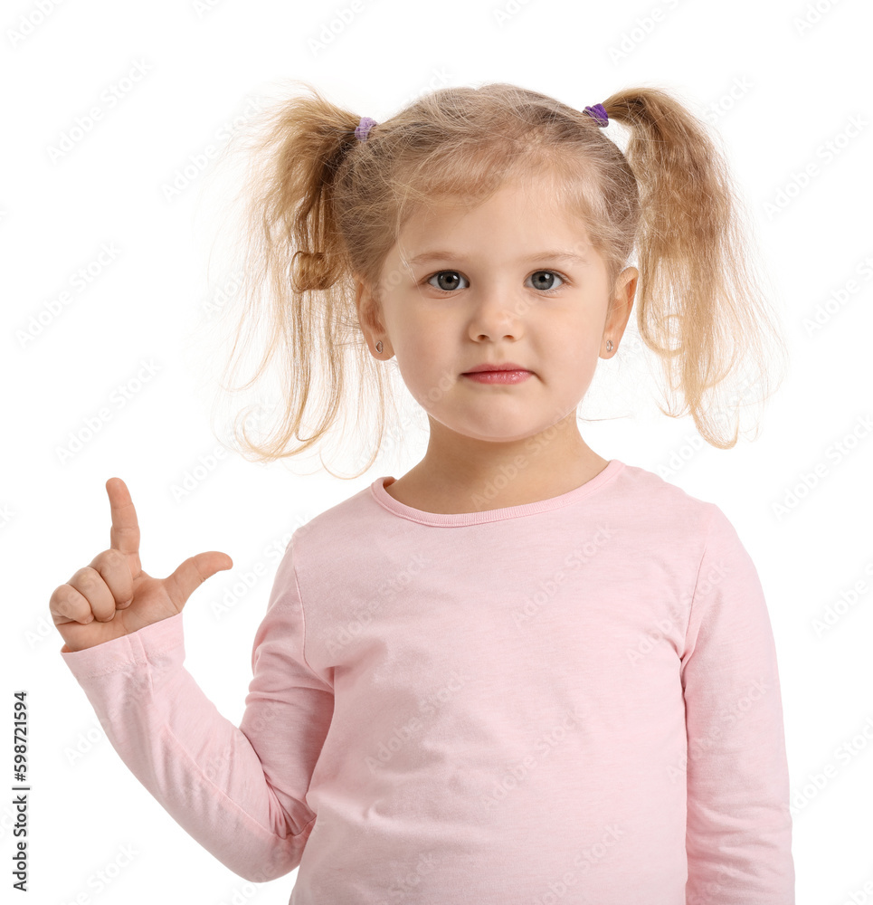 Funny little girl showing loser gesture on white background