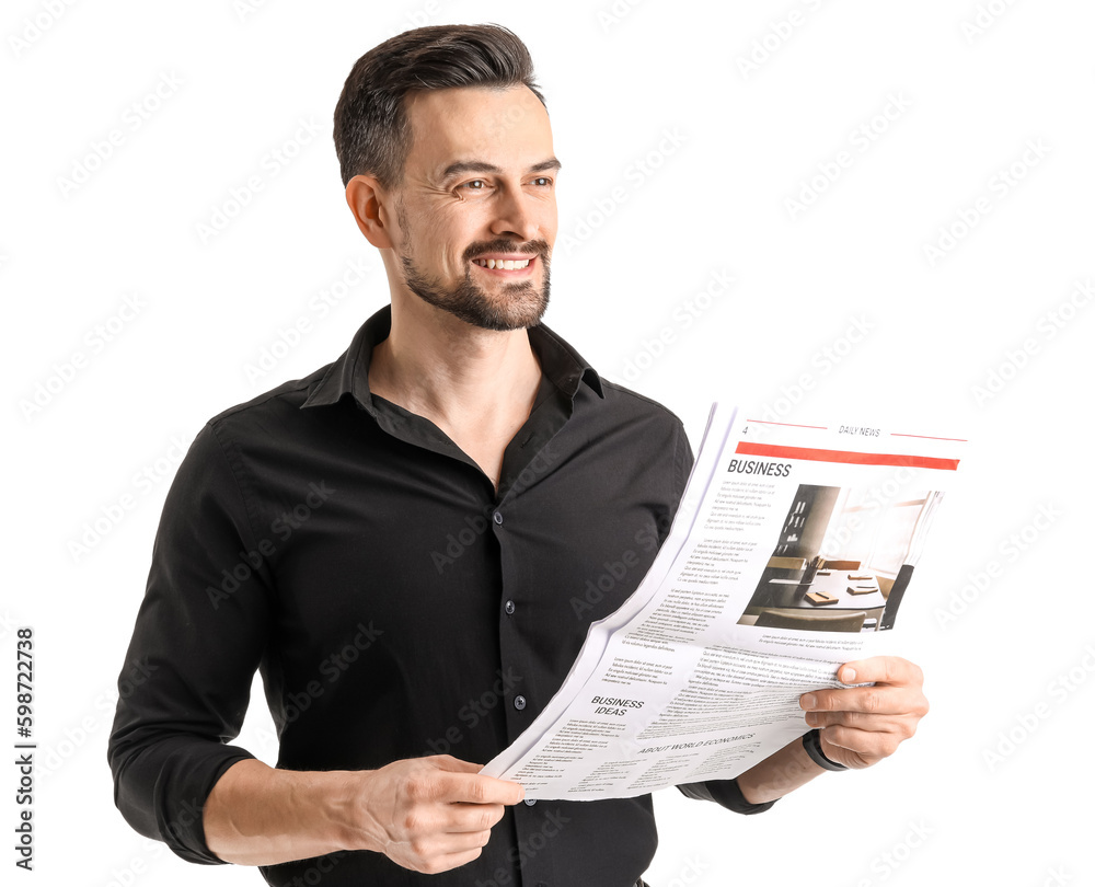 Handsome businessman reading newspaper on white background