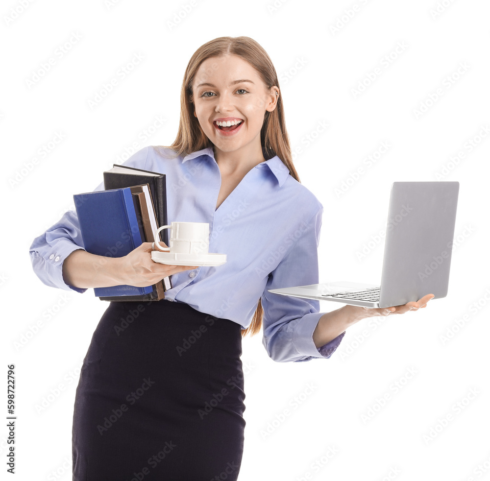 Young businesswoman with laptop, books and cup of coffee on white background. Balance concept