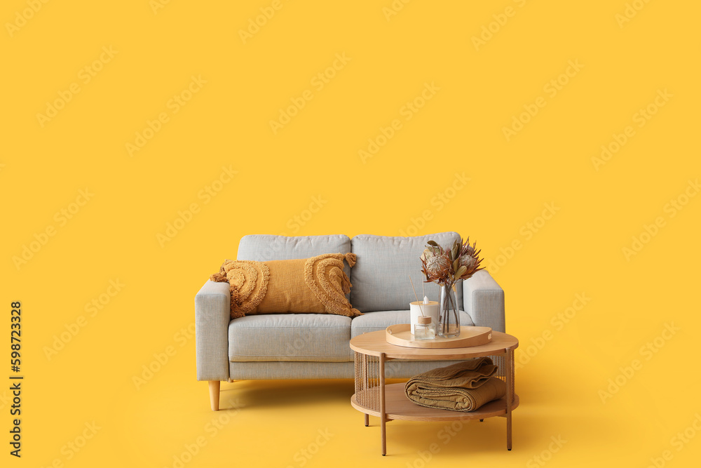 Coffee table with dried flowers on vase, reed diffusers and tissues near grey sofa on yellow backgro