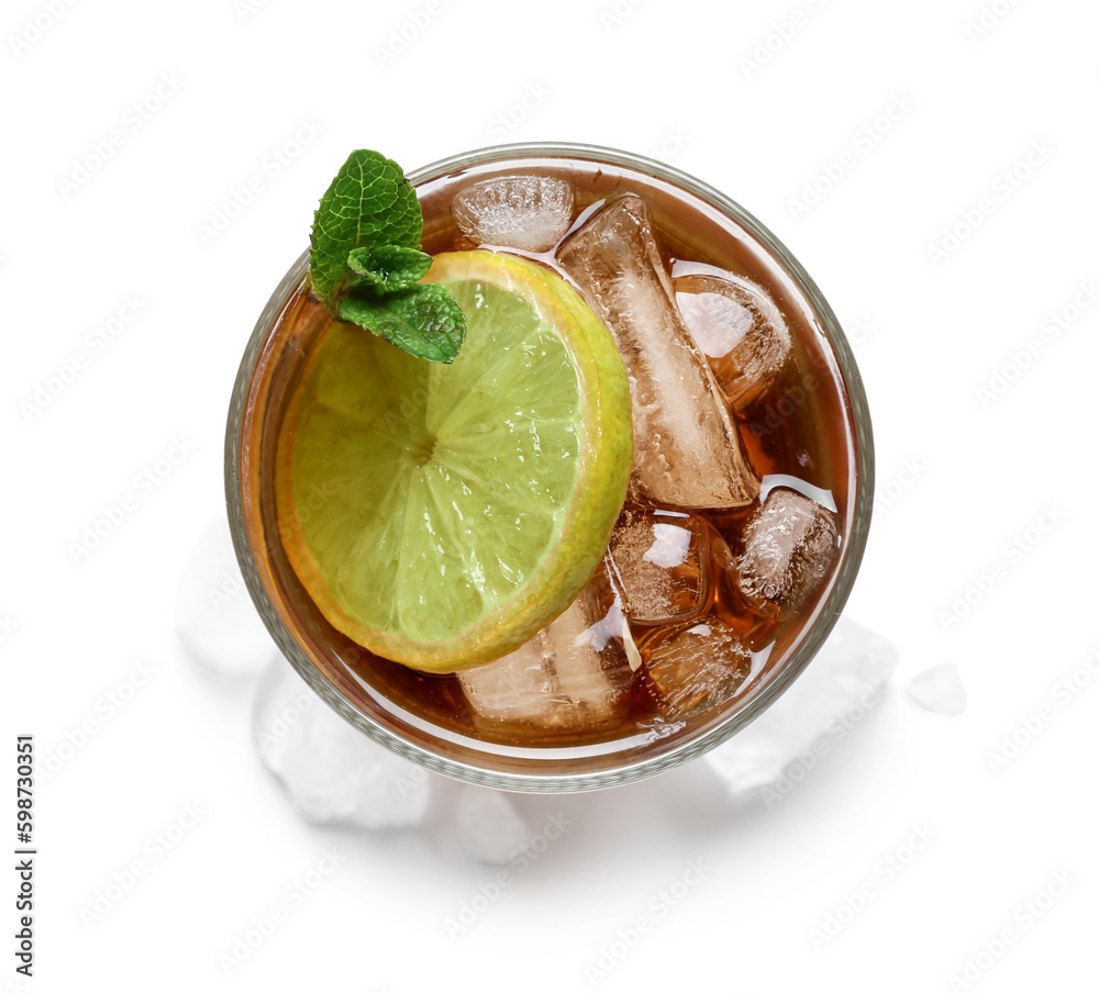 Glass of tasty Cuba Libre cocktail isolated on white background