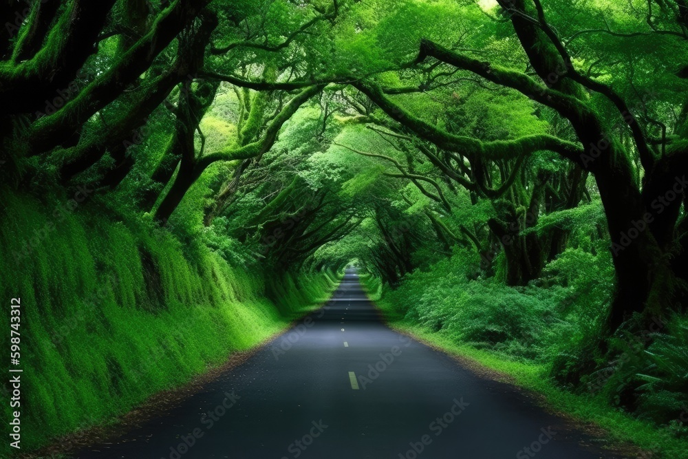 scenic country road with trees and grass on either side. Generative AI Generative AI