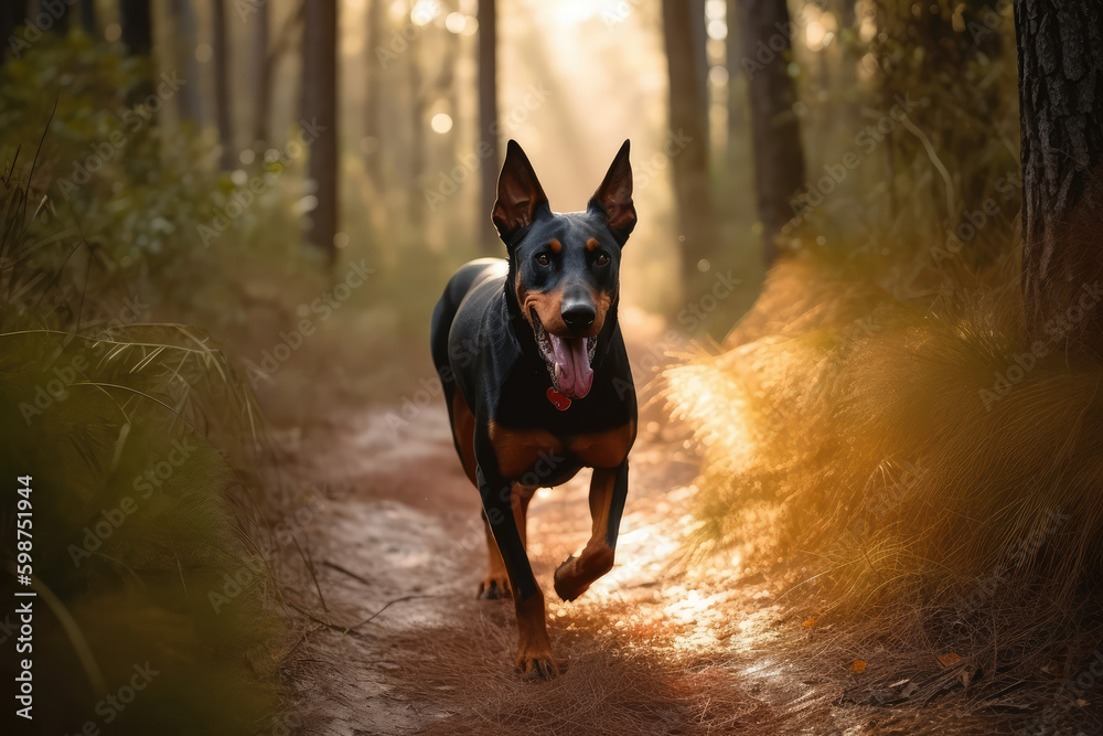 Agile Canine in the Woodland. Awe-inspiring moment as a Doberman Pinscher showcases its agility, spr