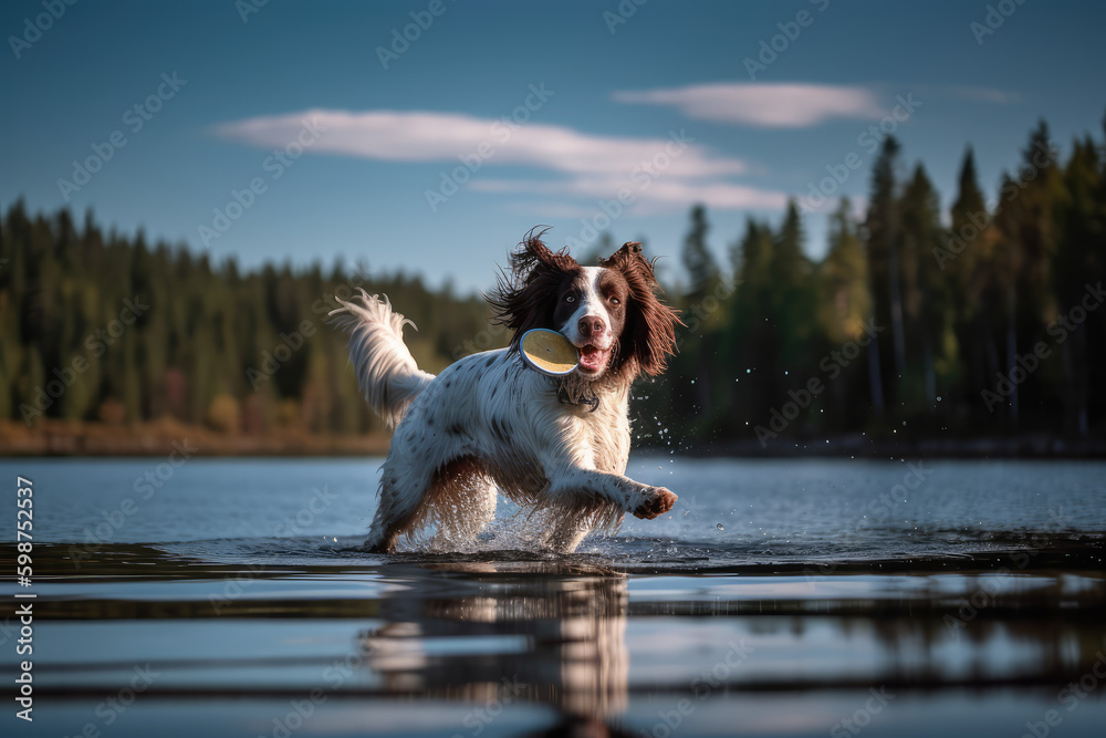 Playful Water Adventure. Energetic English Springer Spaniel Enjoying a Game of Frisbee and Playtime 