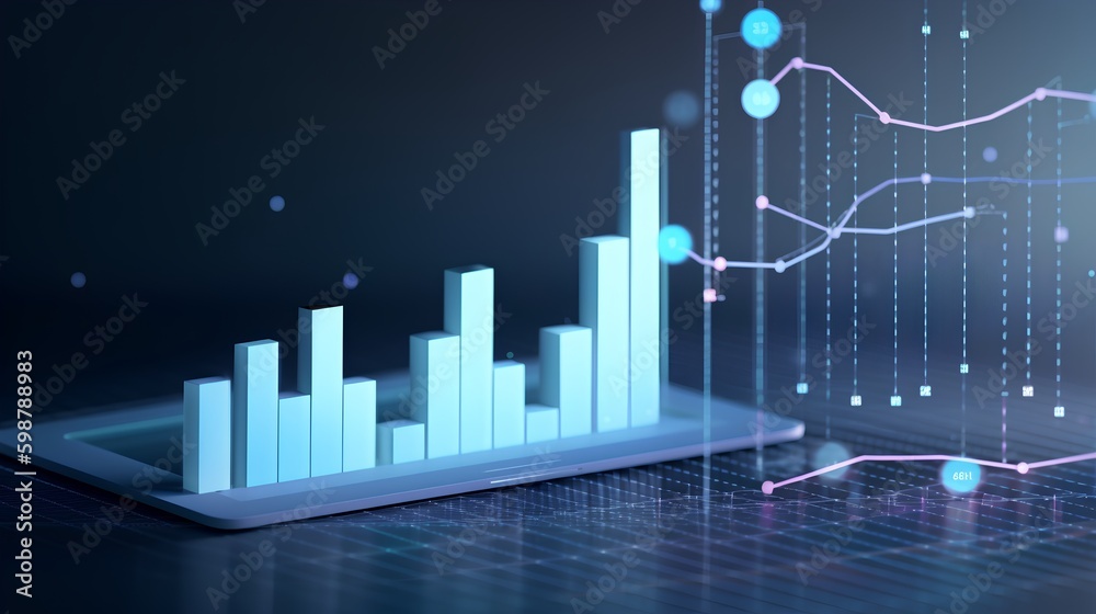 Cloud analytics concept visualized by abstract data bars and charts on a dark digital background, il