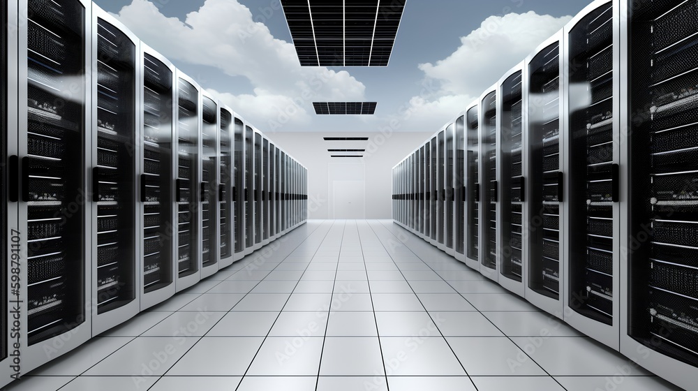 Abstract server room featuring floating clouds, illustrating the concept of cloud computing, showcas