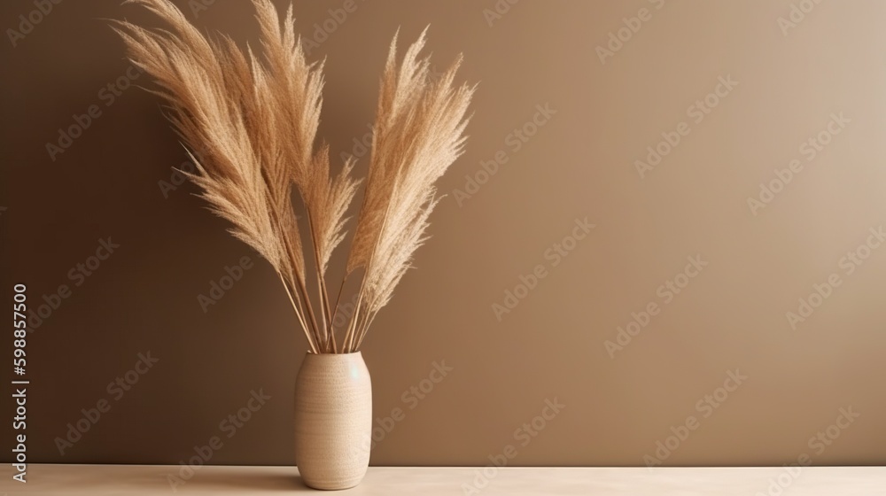 Vase with decorative dry plant branch against beige wall background. Minimalist interior mockup. Gen