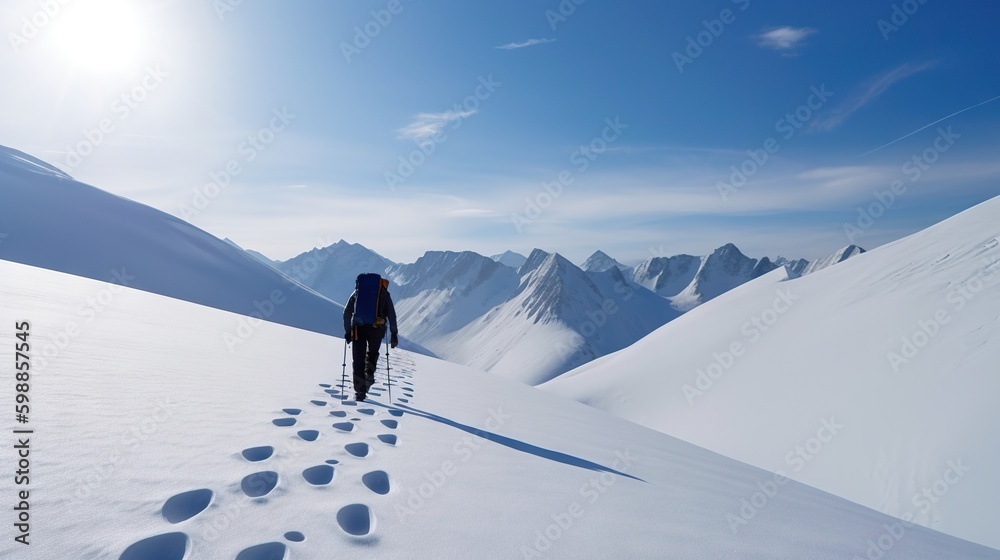 Explorer stand in front of high mountain peak winter snowy landscape. Generative AI