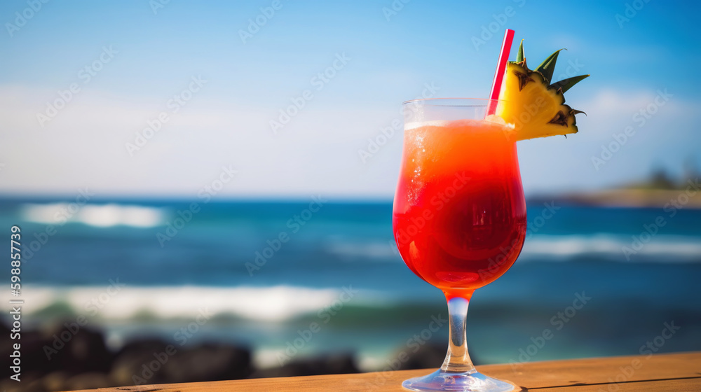 Lava flow cocktail on background with blue sea and sky tropical background. Generative AI