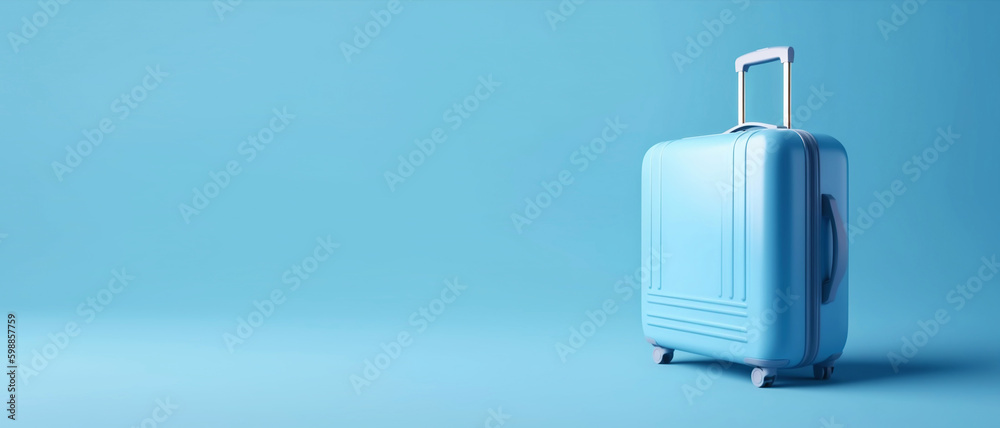 Blue travel suitcase with wheels, on blue background. Trip concept. Generative AI