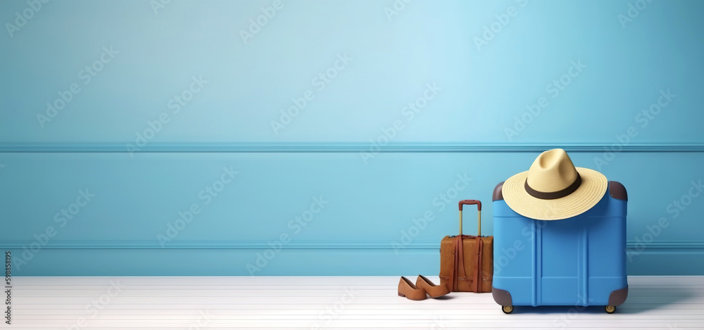 Blue travel suitcase with wheels, straw hat, on uniform blue background. Trip concept. Generative AI