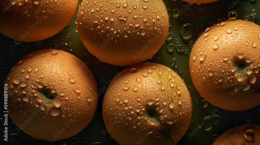 Fresh ripe cantaloupes with water drops background. Fruits backdrop. Generative AI