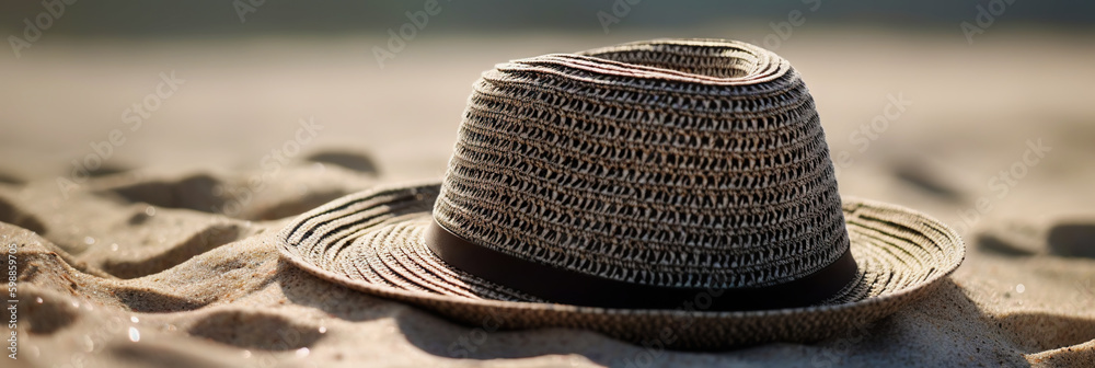 Hat on the sand with a sea background. Travel concept. Generative AI