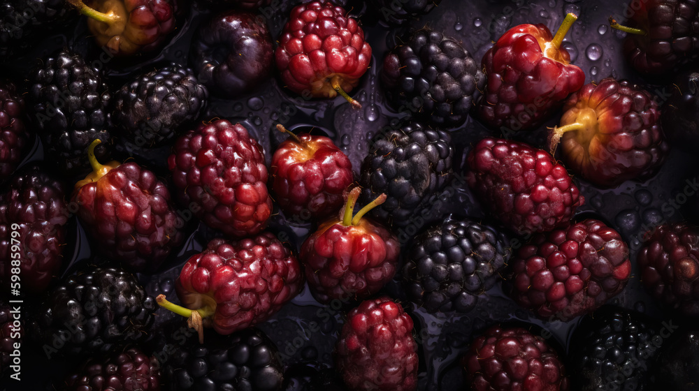 Fresh ripe mulberry with water drops background. Berries backdrop. Generative AI