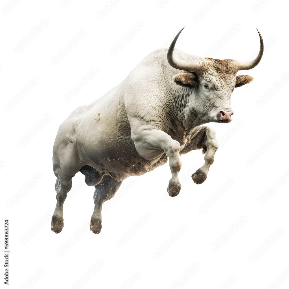 Bull isolated on white, transparent background and looks strong and elegant