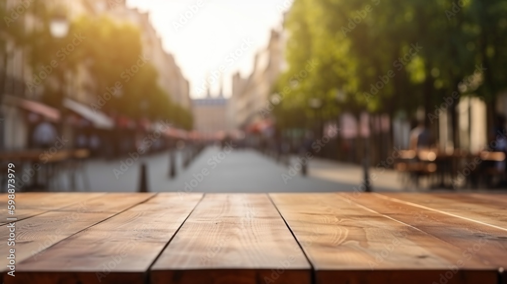 Wood table mockup with Paris city street in shallow depth of field. Copy space for product. Generati