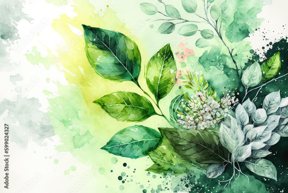 Spring floral watercolor green illustration on light background with flowers and leaves on branches.