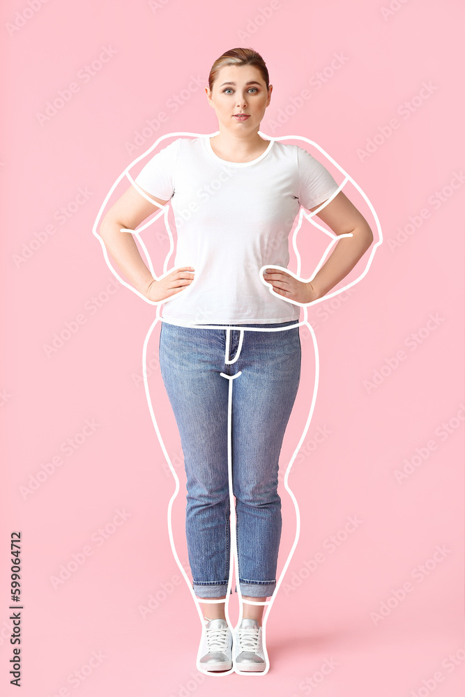 Young woman after weight loss on pink background