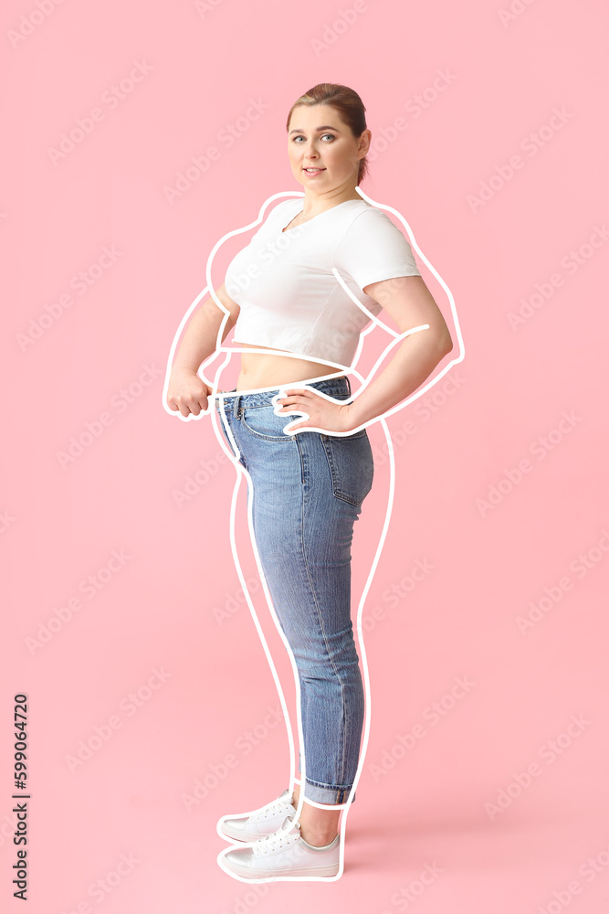 Happy  young woman after weight loss on pink background