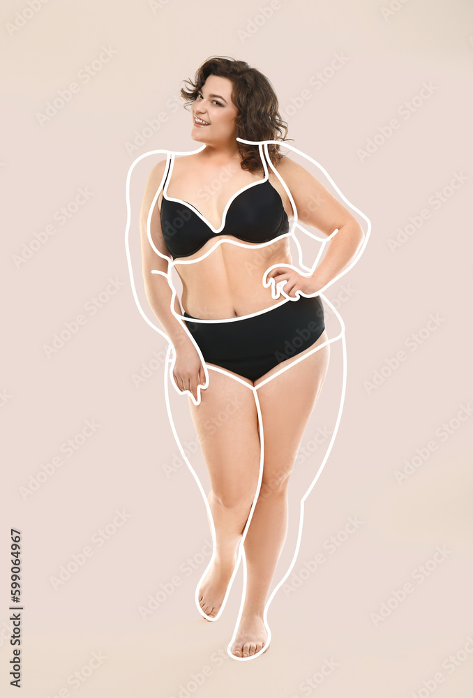 Beautiful young woman after weight loss on beige background