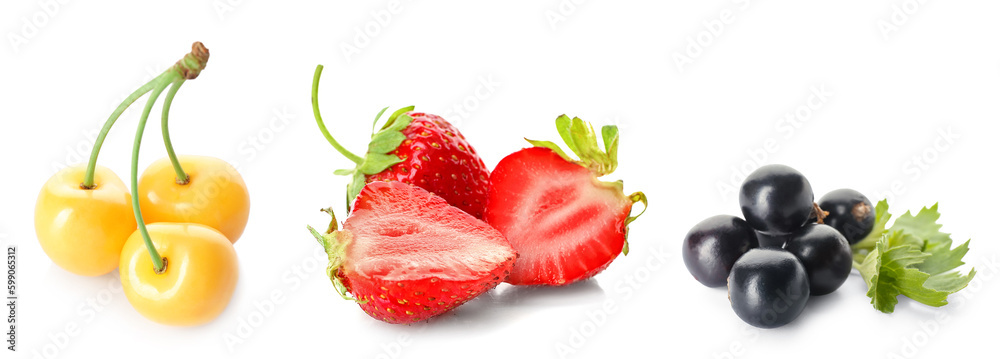 Set of different berries on white background