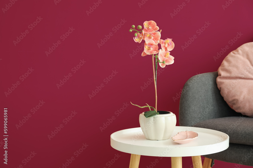 Orchid flower on table and armchair near pink wall