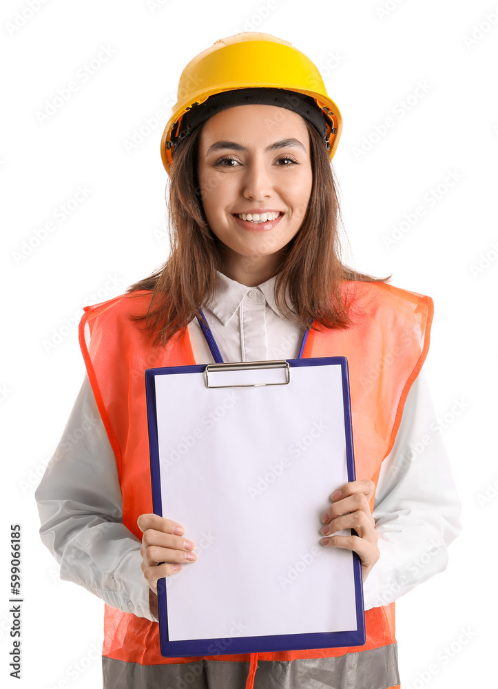 Female engineer with clipboard on white background