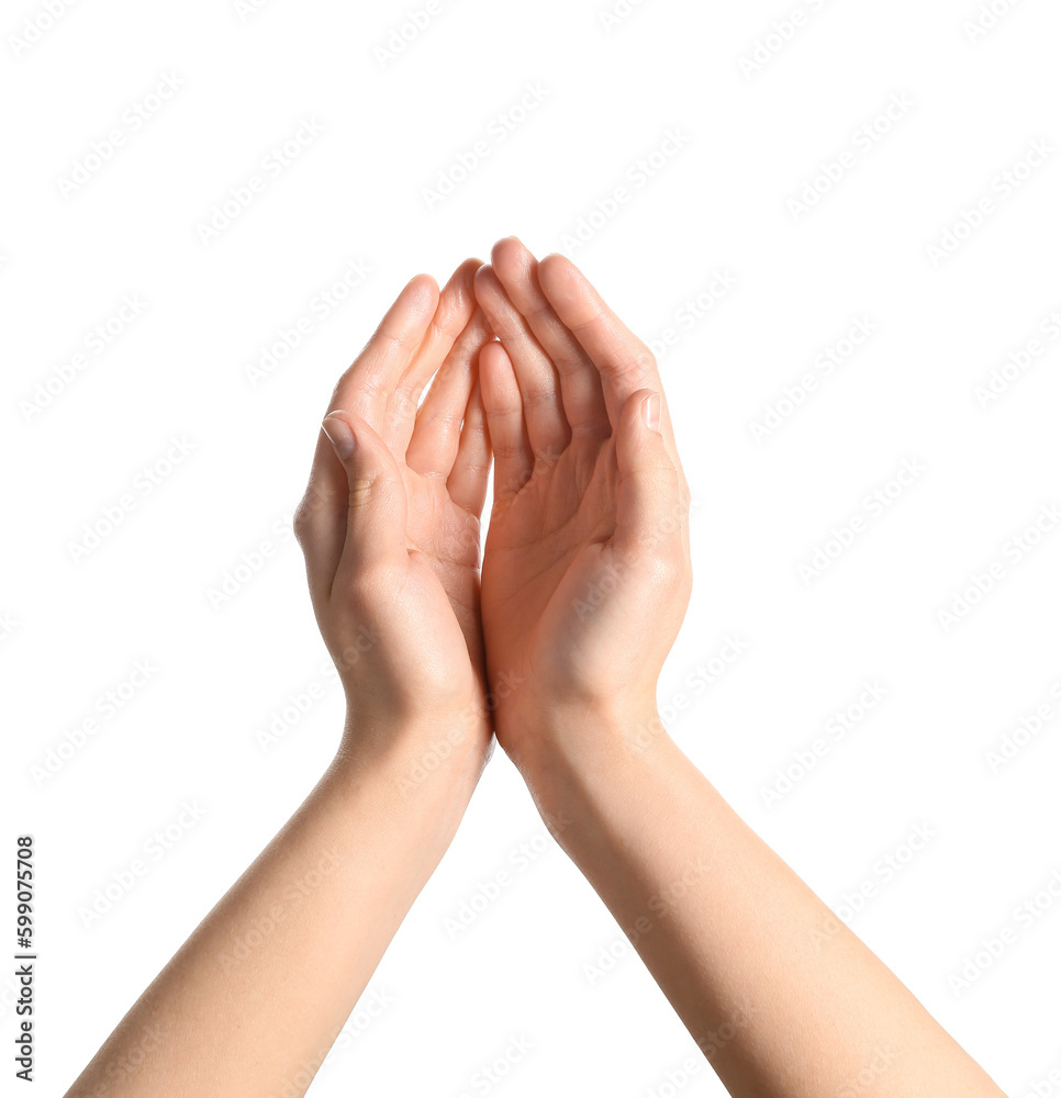 Woman holding sun on white background