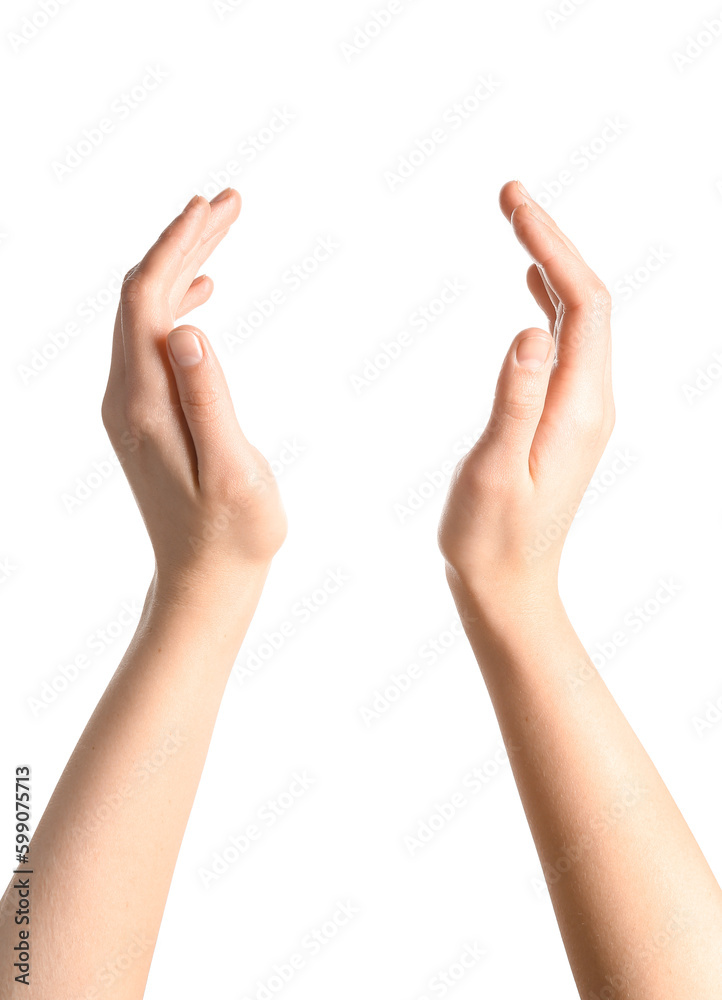 Woman holding sun on white background