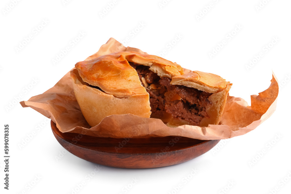 Plate with tasty meat pot pie on white background