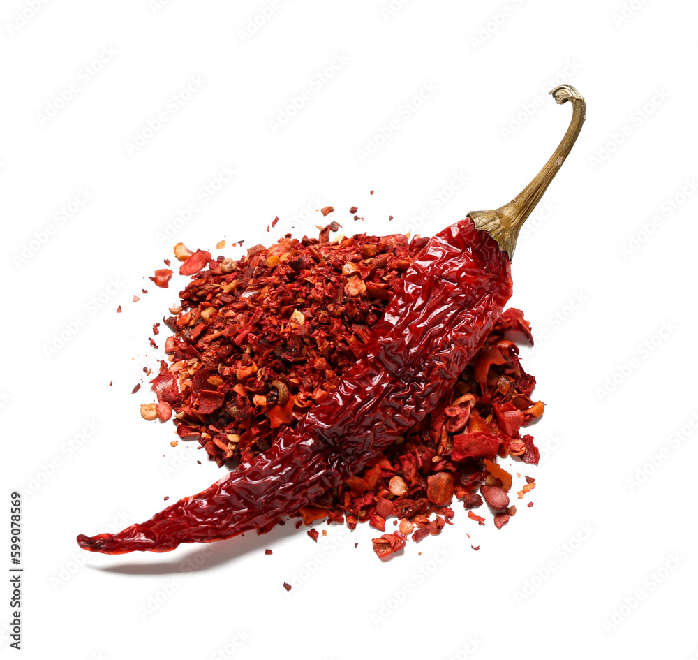 Dry chili with ground pepper on white background