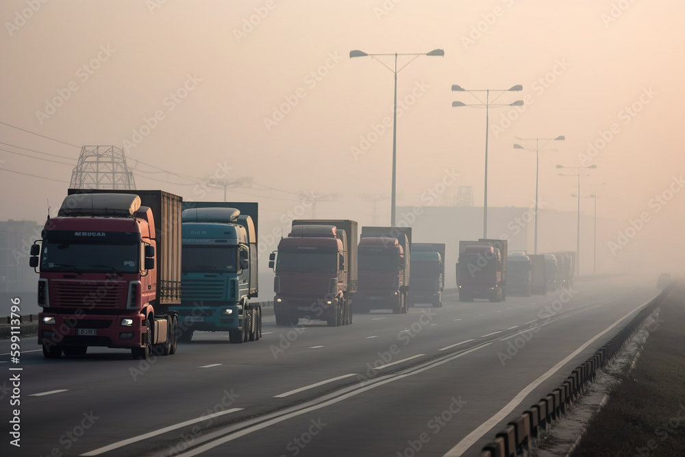 Truck with container on highway, cargo transportation concept.