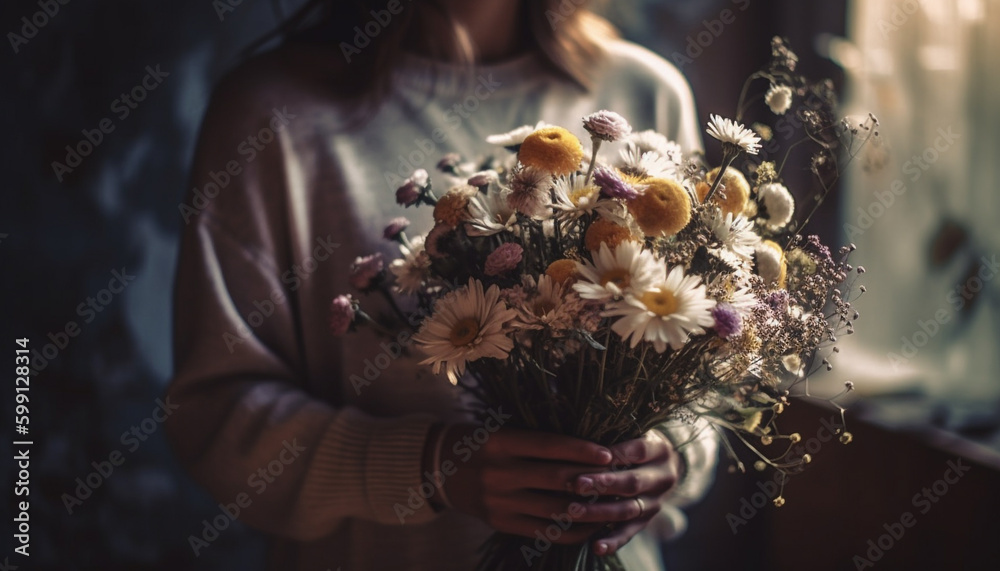 Caucasian woman holding fresh bouquet of flowers generated by AI