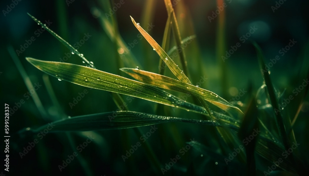 Fresh dew drops on vibrant green grass generated by AI